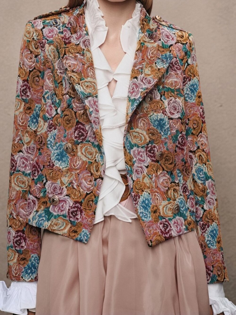 Orange Elegant Women's Textured Jacquard Button Front Jacket